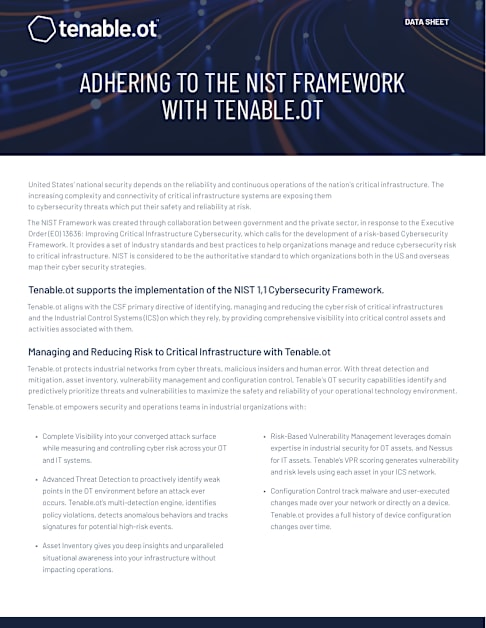 Data Sheet- Adhering to the NIST Framework with Tenable.ot