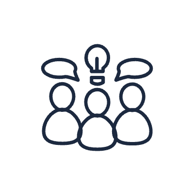 A minimalist icon depicting three individuals engaged in discussion, symbolized by two speech bubbles above them, and a light bulb representing an idea in the center. The image uses simple, black line art on a transparent background, conveying themes of collaboration, brainstorming, and innovation.