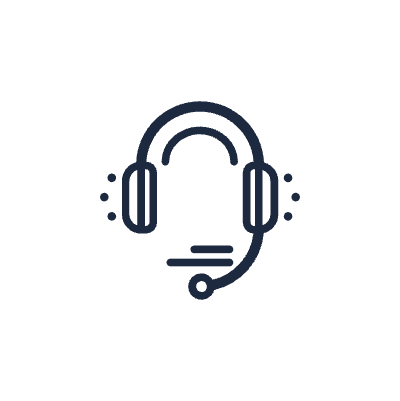 Minimalistic icon of a headset with a microphone, displayed in a dark blue outline against a transparent background. The design is simple and modern, conveying a sense of communication and customer support. The icon's style is clean and professional, suitable for use in tech-related or customer service contexts.