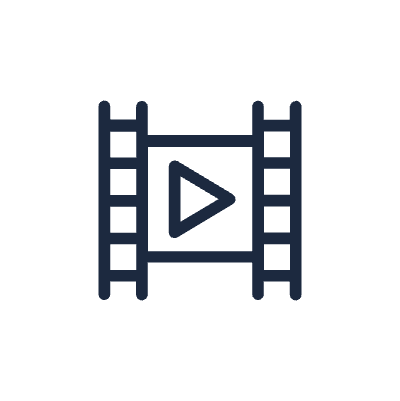 An icon of a dark blue film strip with a play button in the center, set against a transparent background. The film strip consists of perforated edges, representing frames, and the play button indicates video or media content. The design is minimalist and modern, conveying a theme of multimedia or cinematography.