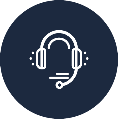 A minimalist, circular icon on a dark blue background, depicting a white outline of a headset with a microphone. The design is simple and modern, conveying themes of communication and customer service. The headset's earcups are connected by an arch, and a single microphone extends from one side, adding to the professional and tech-focused aesthetic.