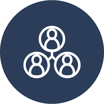 A minimalist, dark blue circular icon with a white outline of three interconnected user figures, symbolizing networking or team collaboration.