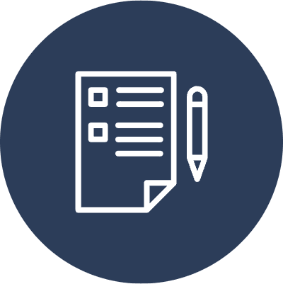 A simplistic icon featuring a white outline of a piece of paper with a checklist and a pencil on a dark blue circular background. The paper displays two checkboxes and a folded corner at the bottom. The minimalist design and contrasting colors convey a sense of clarity and purpose, often used to symbolize tasks, notes, or documentation.