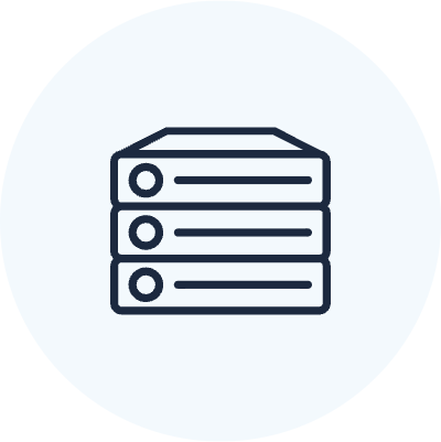 An icon depicting a stack of three server units arranged vertically, represented in a simplistic and modern line art style. The servers are outlined in dark blue against a light blue circular background, conveying themes of technology, data storage, and IT infrastructure.