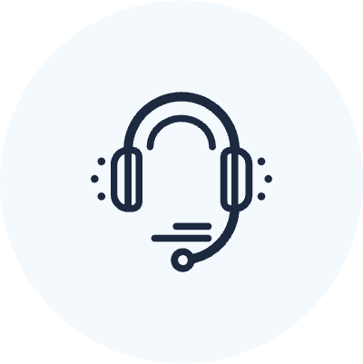 Minimalistic icon of a headset with microphone on a light blue circular background, symbolizing customer support or call center services. The design features bold, clean lines in dark blue, creating a modern and professional appearance.