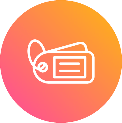 An icon featuring a stylized, white outline of two price tags on a circular gradient background transitioning from orange to pink. The tags are connected by a loop, with horizontal lines on the front tag indicating text. The overall design is modern and minimalistic, conveying themes of commerce, sales, and retail.