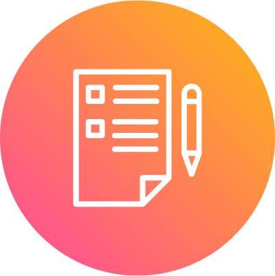 A white icon of a checklist on paper with a pencil, set against a vibrant circular gradient background of pink, orange, and yellow hues. The checklist shows two items with corresponding checkboxes and lines, while the pencil appears ready to write. The image conveys themes of planning, organization, and creativity, typical for productivity and task management contexts.