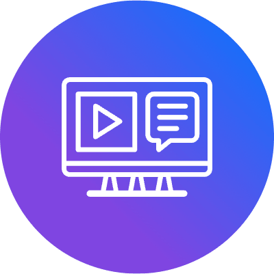 An icon depicting a computer monitor with a play button and chat bubble, symbolizing multimedia or digital communication. The white graphic is set against a smooth gradient background transitioning from blue to purple, conveying a modern and dynamic feel.