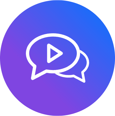 A logo featuring two overlapping speech bubbles with play buttons inside, set against a gradient background transitioning from blue to purple. The design suggests communication and media, emphasizing themes of dialogue and digital interaction.