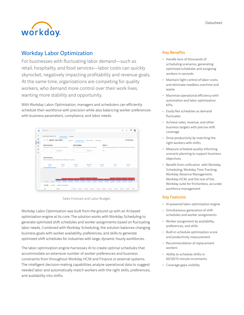 Datasheet Workday Labor Optimization Workday Datasheet Workday Labor Optimization Workday