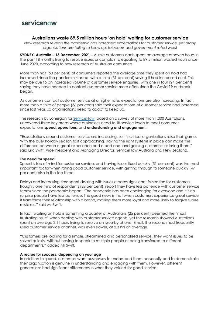 Press Release Australia Customer Service Survey