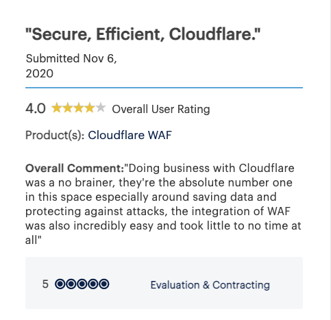 Gartner Peer Review of CloudFlare WAF
