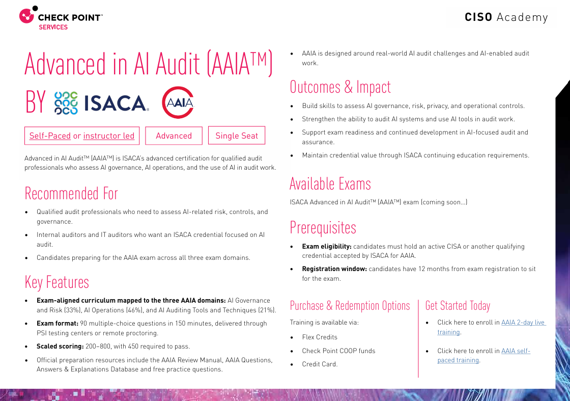 Datasheet | ISACA AAIA – Advanced AI Audit Training | Check Point Software